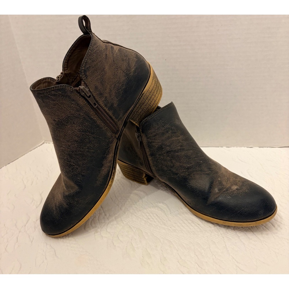 Hot Tomato Womens Size 9M Ankle Boots Black Brown Distressed Side Zip Booties